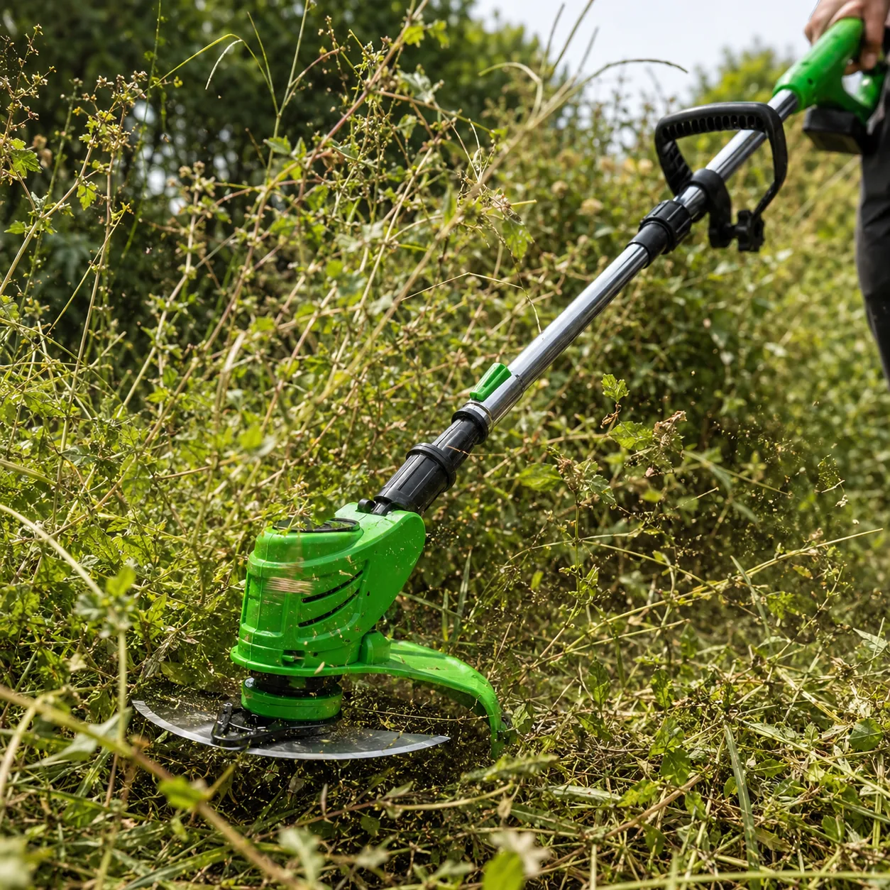 Háromfogú penge vágja a magas, sűrű gazt